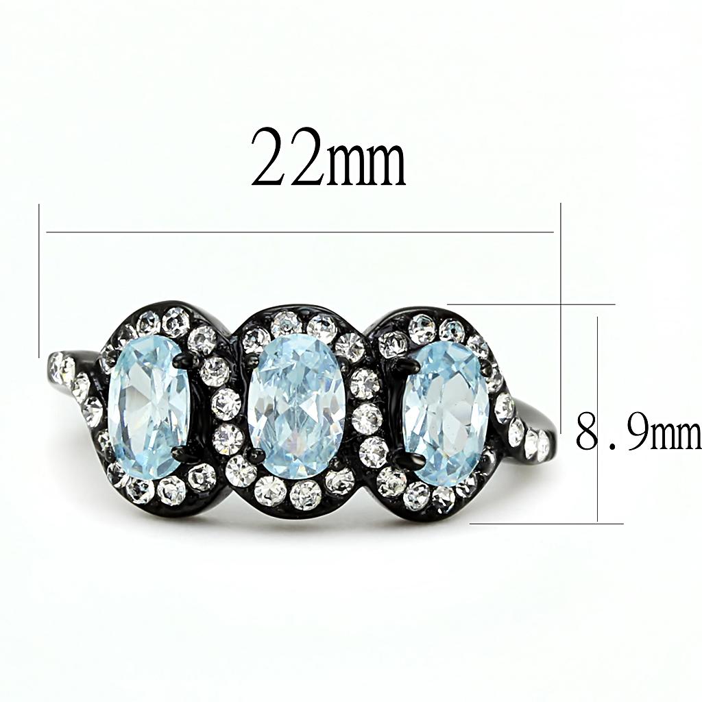 Women Stainless Steel Cubic Zirconia Ring with sea blue oval stone and black ion plating.