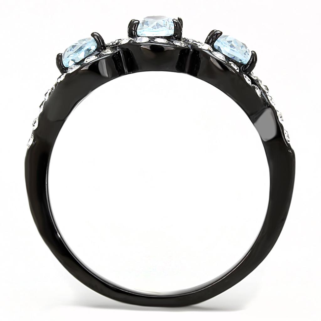 Women Stainless Steel Cubic Zirconia Ring with sea blue oval stone and black ion plating.