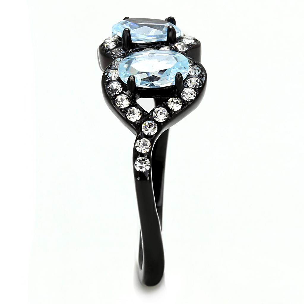 Women Stainless Steel Cubic Zirconia Ring with sea blue oval stone and black ion plating.