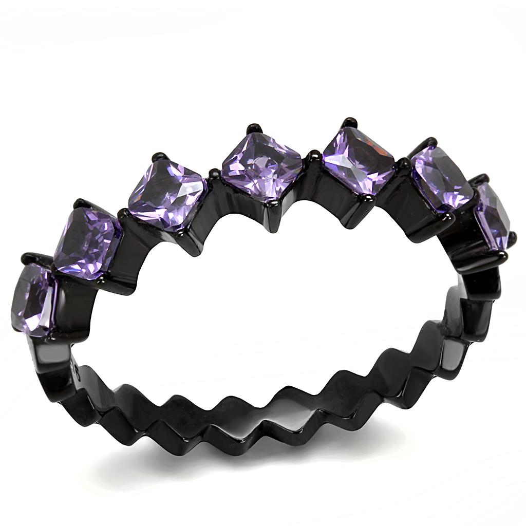 Elegant women's stainless steel ring with cubic zirconia and amethyst square centerpiece, featuring a sleek black ion plating.