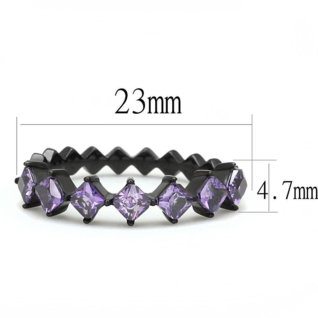 Elegant women's stainless steel ring with cubic zirconia and amethyst square centerpiece, featuring a sleek black ion plating.