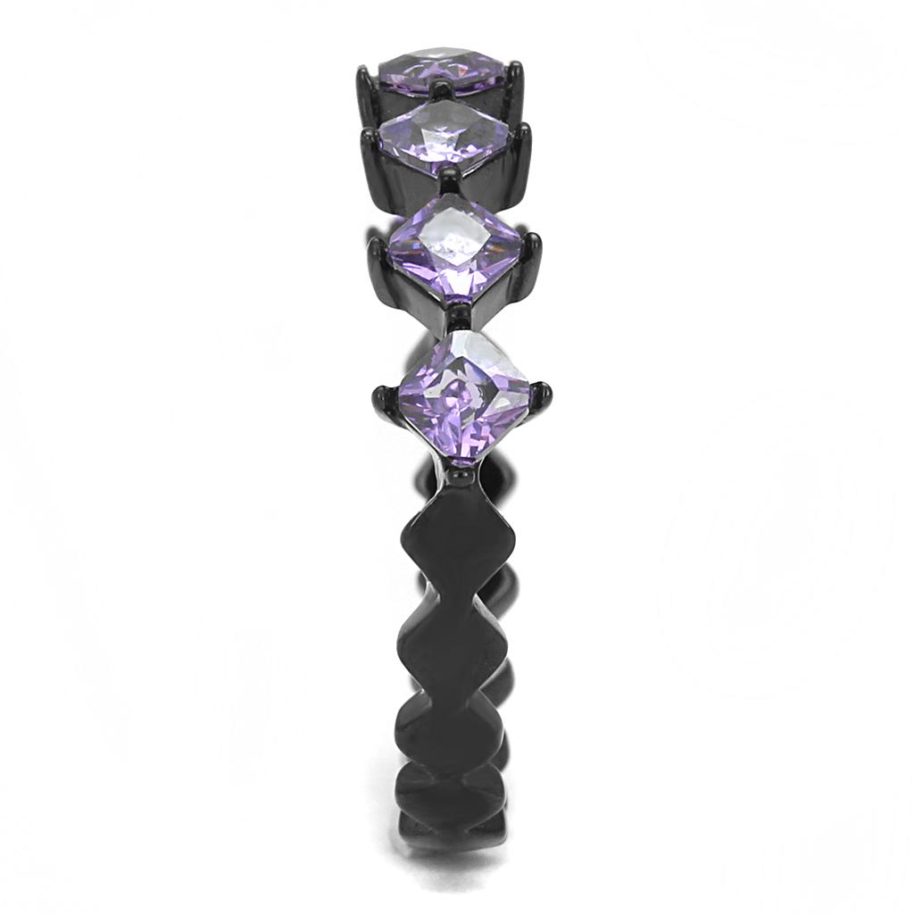 Elegant women's stainless steel ring with cubic zirconia and amethyst square centerpiece, featuring a sleek black ion plating.