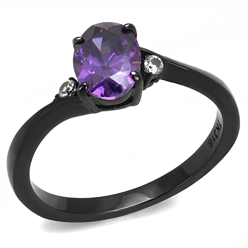 Women Stainless Steel Cubic Zirconia Ring featuring an oval amethyst stone with IP black finish.