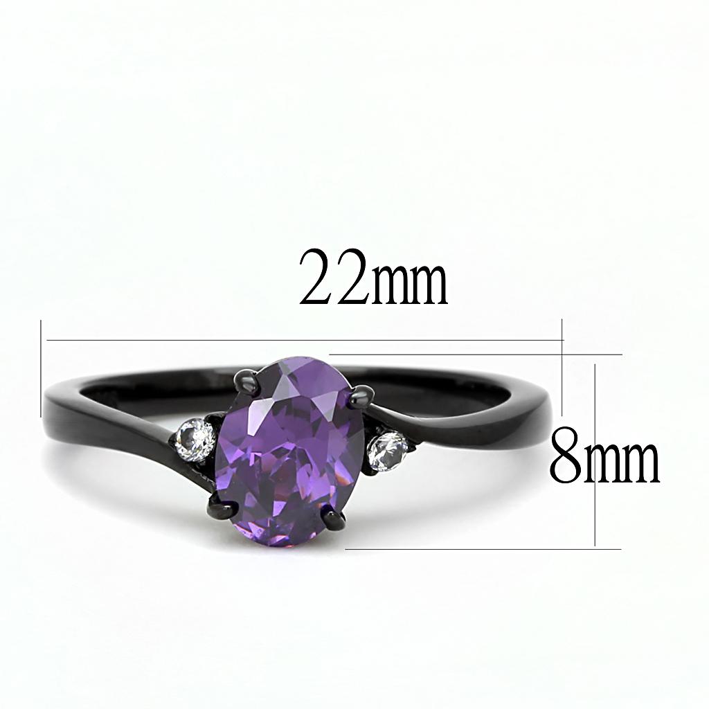 Women Stainless Steel Cubic Zirconia Ring featuring an oval amethyst stone with IP black finish.