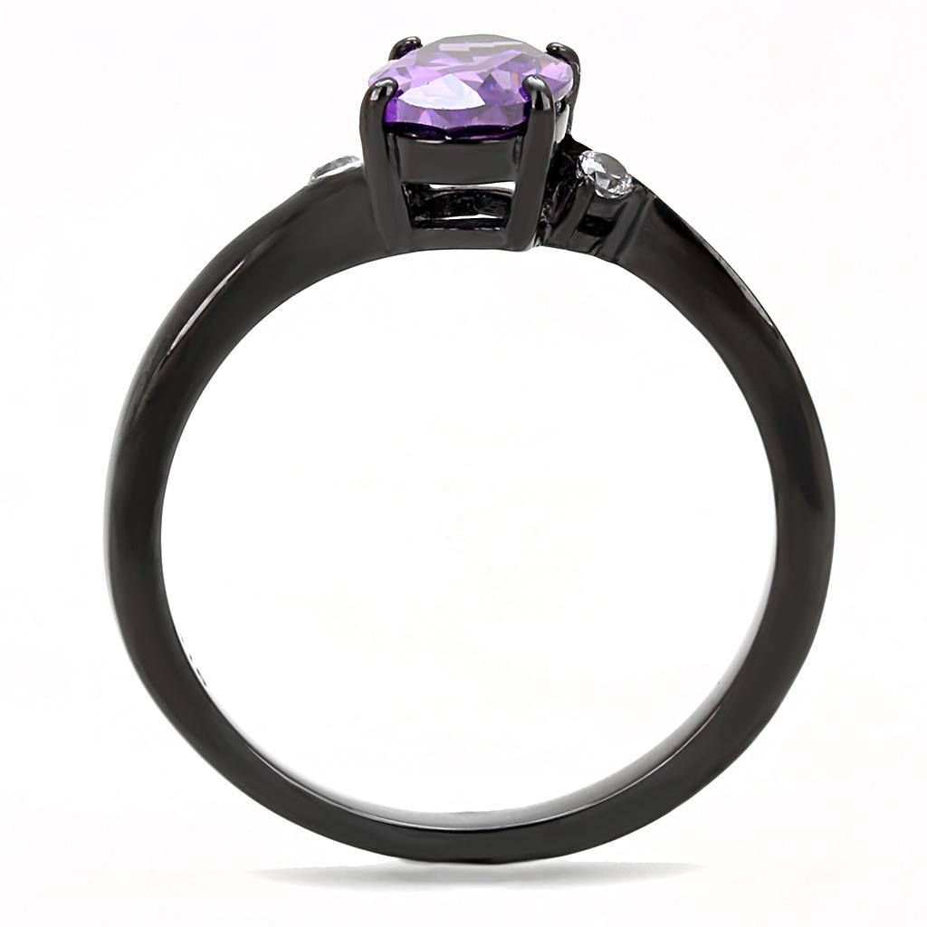 Women Stainless Steel Cubic Zirconia Ring featuring an oval amethyst stone with IP black finish.