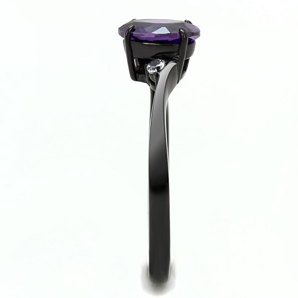 Women Stainless Steel Cubic Zirconia Ring featuring an oval amethyst stone with IP black finish.