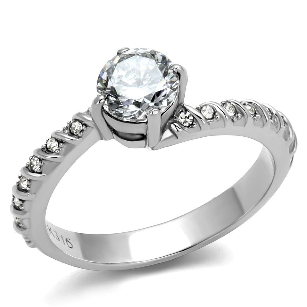 Elegant women's stainless steel ring with clear cubic zirconia stones, high-polished finish, perfect for everyday wear.