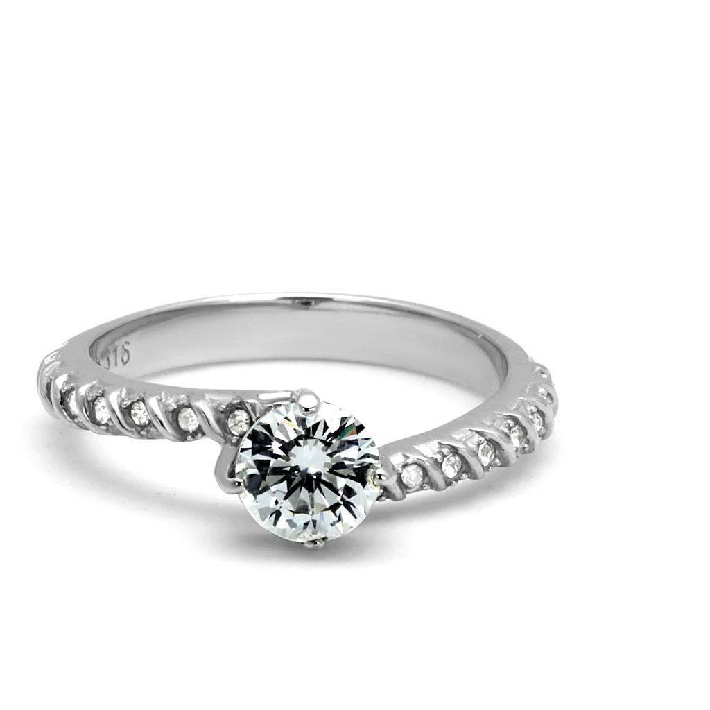 Elegant women's stainless steel ring with clear cubic zirconia stones, high-polished finish, perfect for everyday wear.