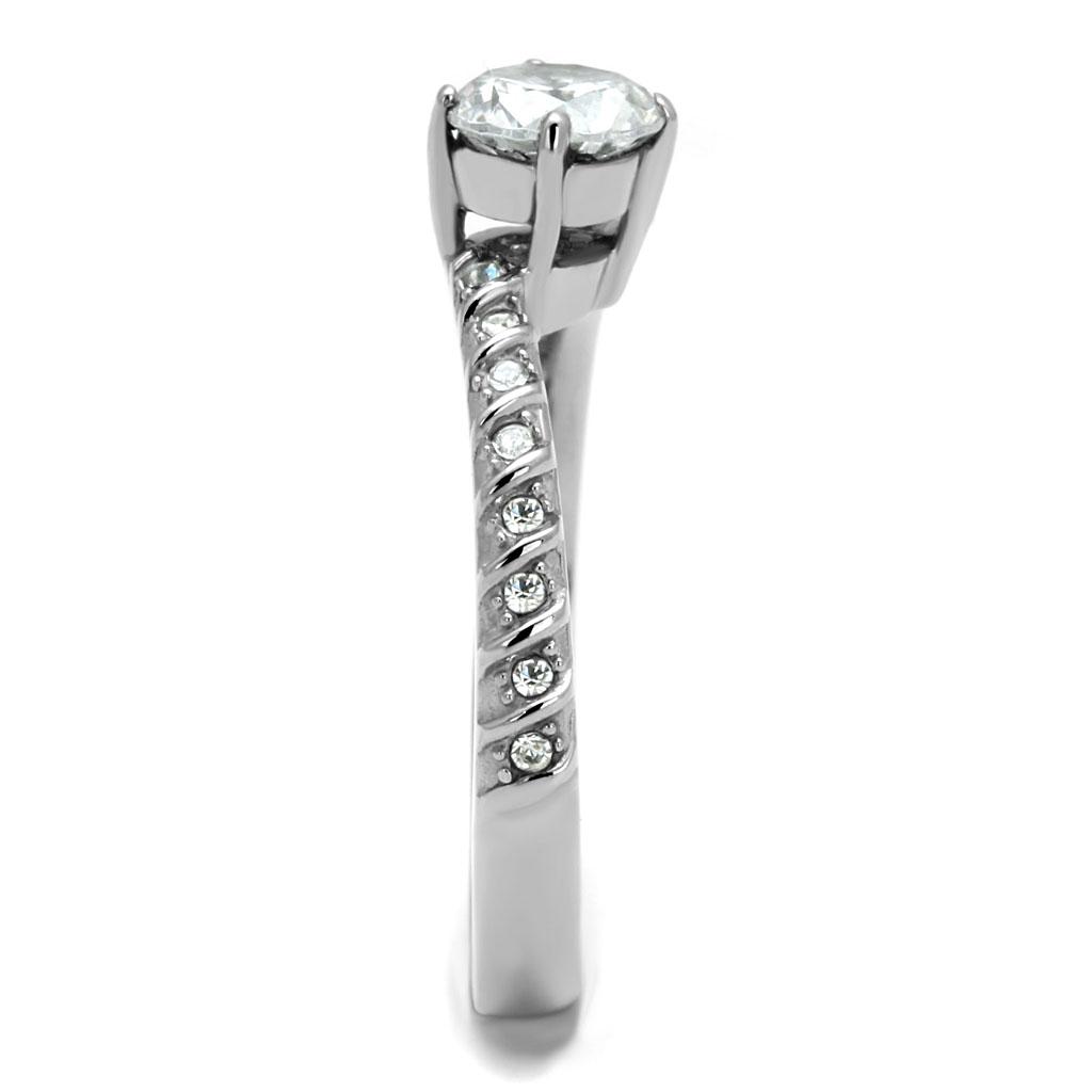 Elegant women's stainless steel ring with clear cubic zirconia stones, high-polished finish, perfect for everyday wear.