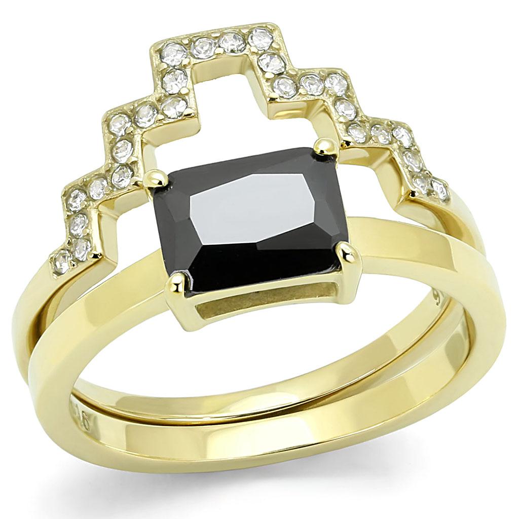 Elegant Women Stainless Steel Ring with Cubic Zirconia and Black Diamond accents, featuring IP Gold plating.