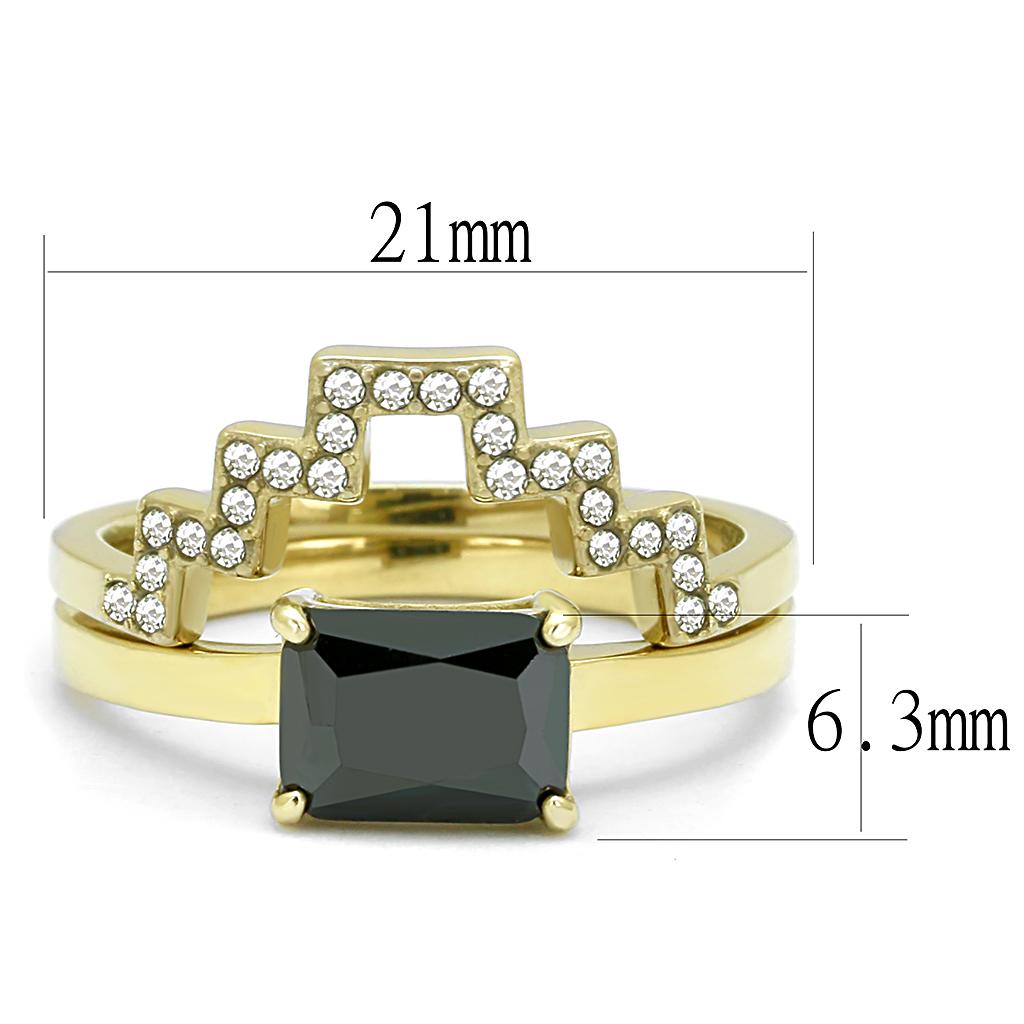 Elegant Women Stainless Steel Ring with Cubic Zirconia and Black Diamond accents, featuring IP Gold plating.