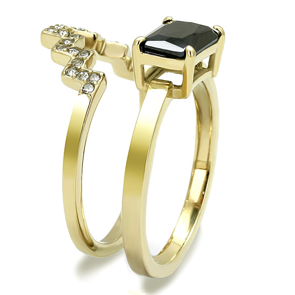 Elegant Women Stainless Steel Ring with Cubic Zirconia and Black Diamond accents, featuring IP Gold plating.