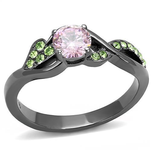 Elegant Women Stainless Steel Ring with Cubic Zirconia in rose design and IP light black finish.