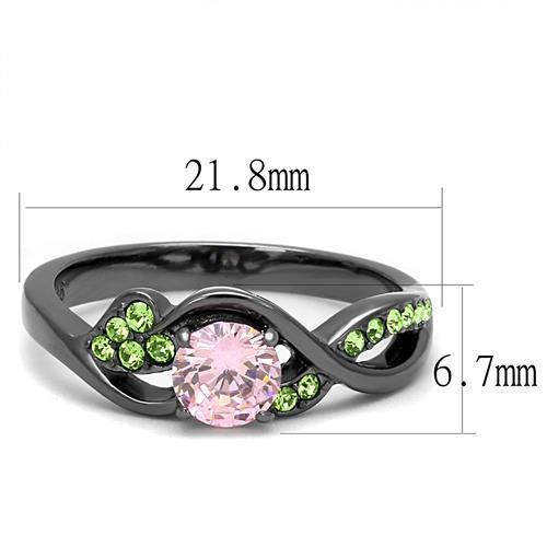 Elegant Women Stainless Steel Ring with Cubic Zirconia in rose design and IP light black finish.