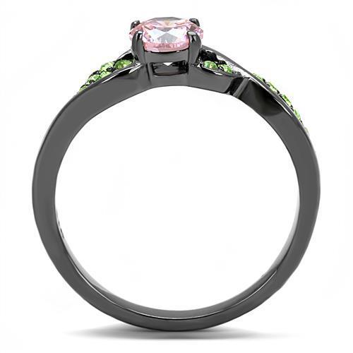 Elegant Women Stainless Steel Ring with Cubic Zirconia in rose design and IP light black finish.