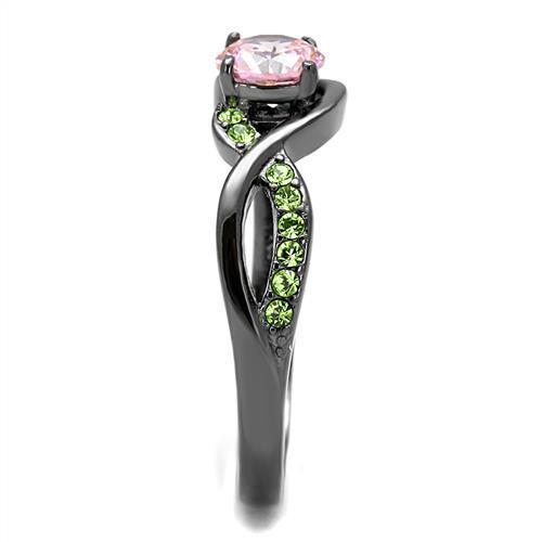 Elegant Women Stainless Steel Ring with Cubic Zirconia in rose design and IP light black finish.