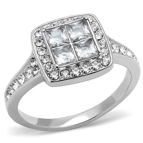 Elegant Women Stainless Steel Ring with Clear Cubic Zirconia, showcasing a high-polished finish and sparkling stones.