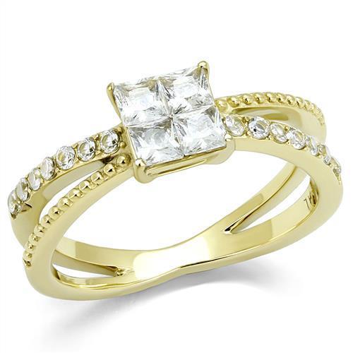 Women Stainless Steel Cubic Zirconia Ring TK3181 with clear stones and gold ion plating, showcasing elegance and style.