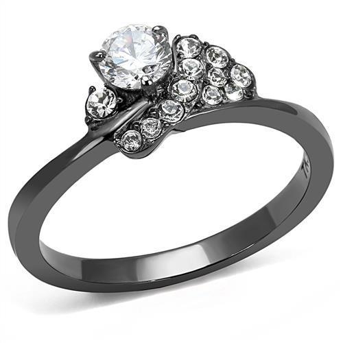 Women Stainless Steel Cubic Zirconia Ring with light black finish and clear round stones, showcasing elegance and style.