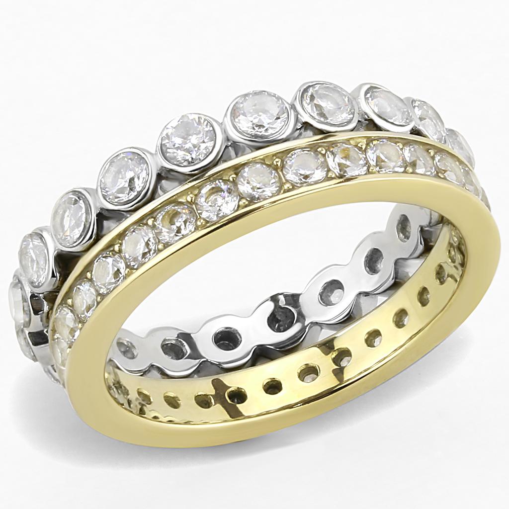 Elegant two-tone stainless steel ring with cubic zirconia stones for women, showcasing a luxurious design.