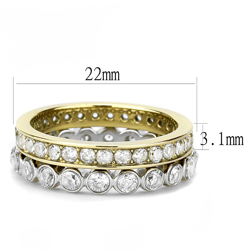 Elegant two-tone stainless steel ring with cubic zirconia stones for women, showcasing a luxurious design.