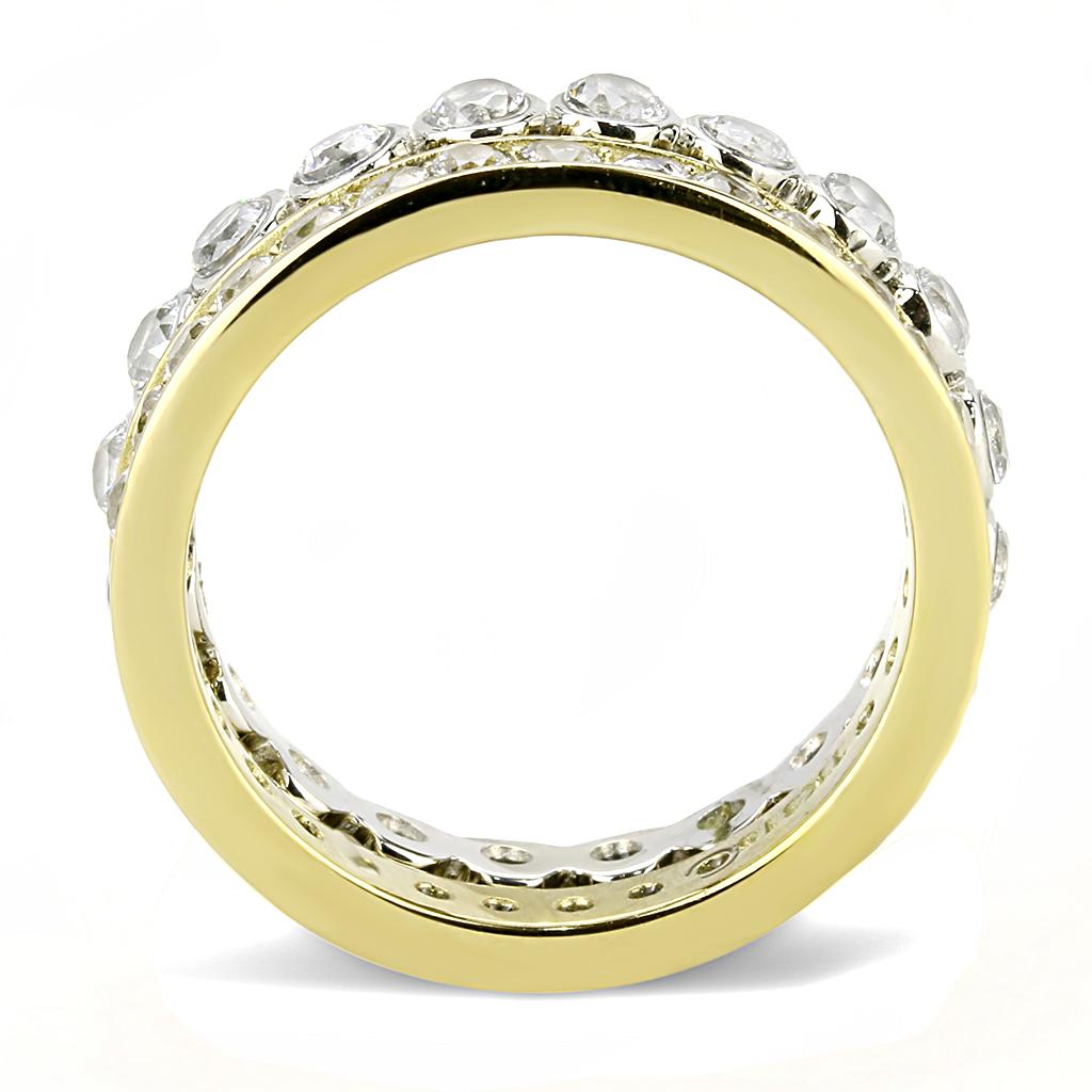 Elegant two-tone stainless steel ring with cubic zirconia stones for women, showcasing a luxurious design.