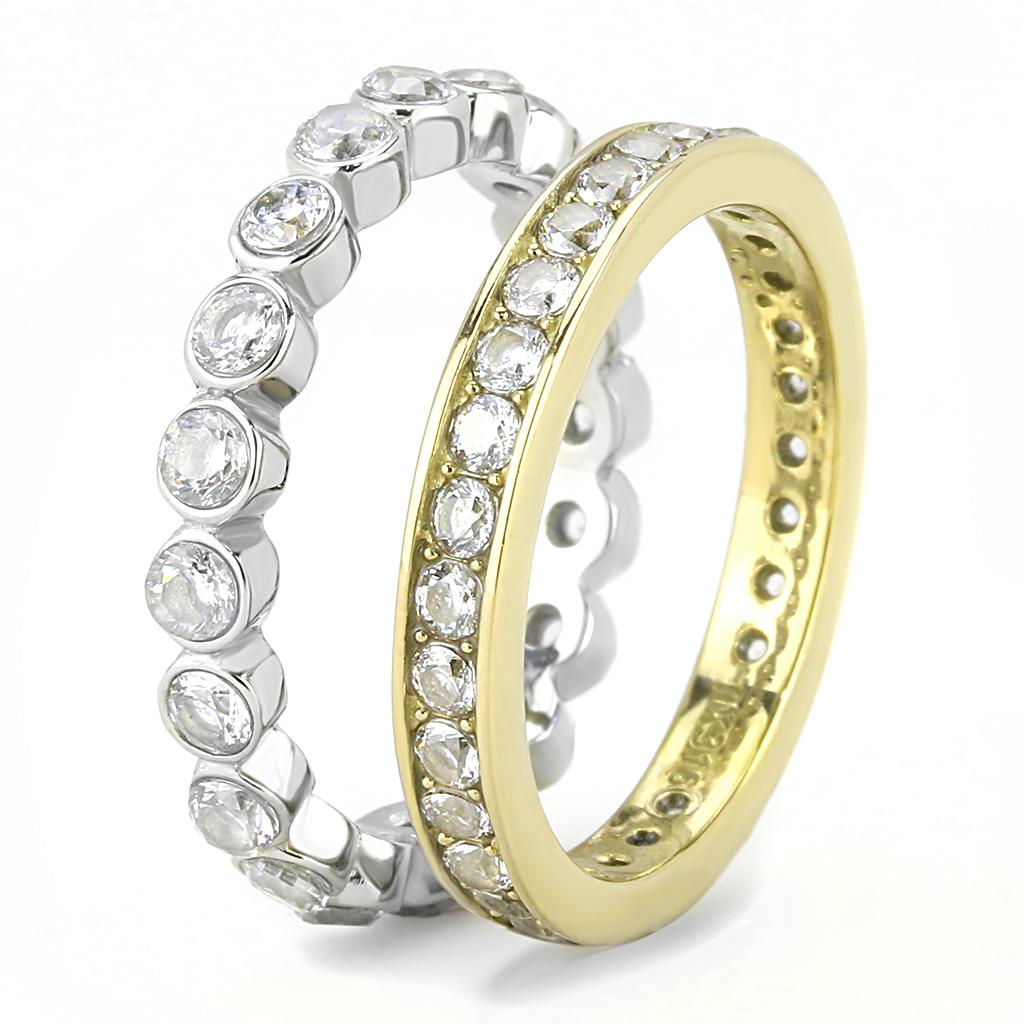 Elegant two-tone stainless steel ring with cubic zirconia stones for women, showcasing a luxurious design.