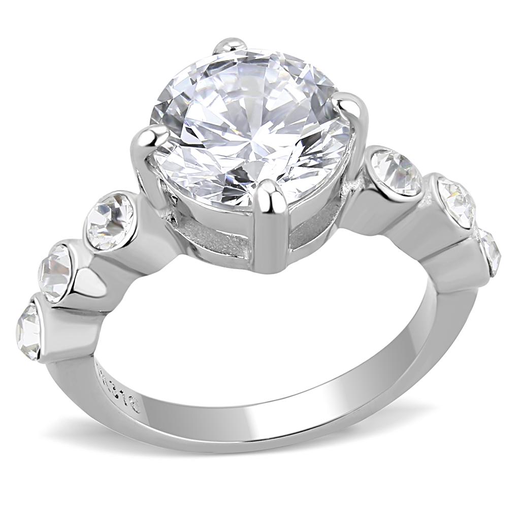 Elegant Women Stainless Steel Ring with clear cubic zirconia stones, featuring a high-polished finish and round design.