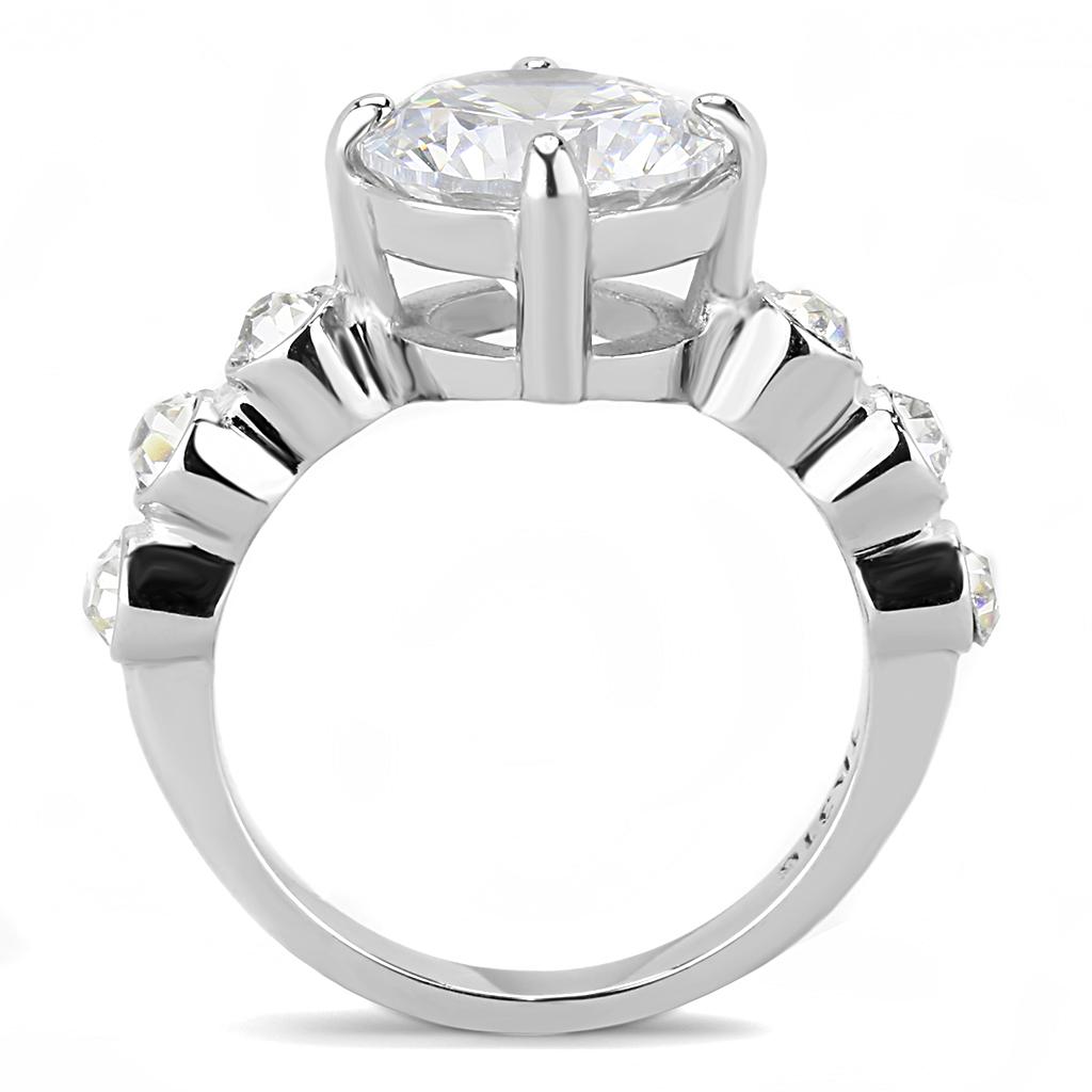 Elegant Women Stainless Steel Ring with clear cubic zirconia stones, featuring a high-polished finish and round design.