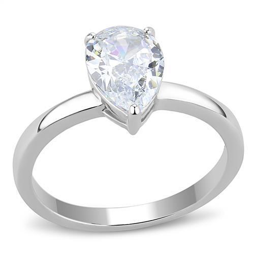 Elegant Women Stainless Steel Ring with Pear-Shaped Cubic Zirconia, high polished finish.