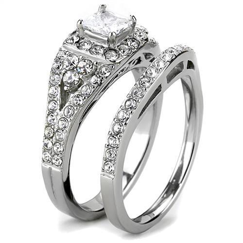 Women Stainless Steel Cubic Zirconia Ring TK3253 with high-polished finish and clear stones, showcasing elegance and durability.