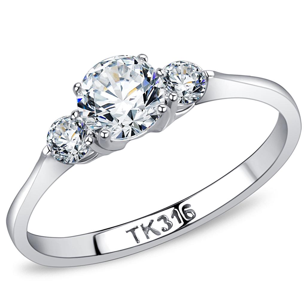 Elegant Women Stainless Steel Ring with Clear Cubic Zirconia, featuring a high-polished finish and round design.