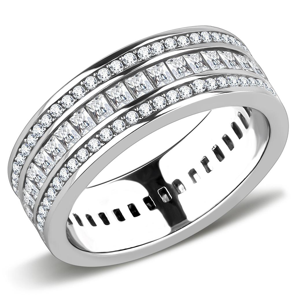 Elegant Women Stainless Steel Ring with Clear Cubic Zirconia, high-polished finish, showcasing its brilliance and design.