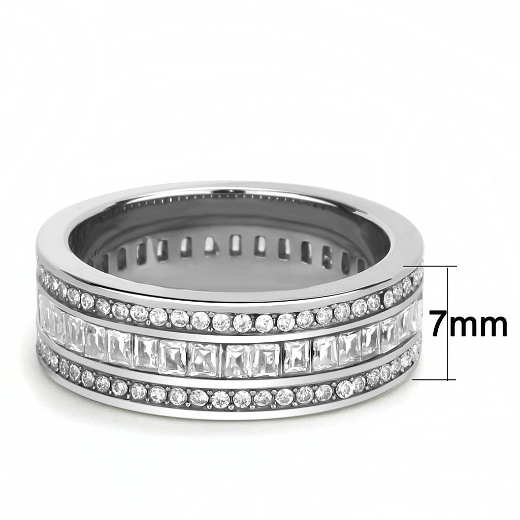 Elegant Women Stainless Steel Ring with Clear Cubic Zirconia, high-polished finish, showcasing its brilliance and design.