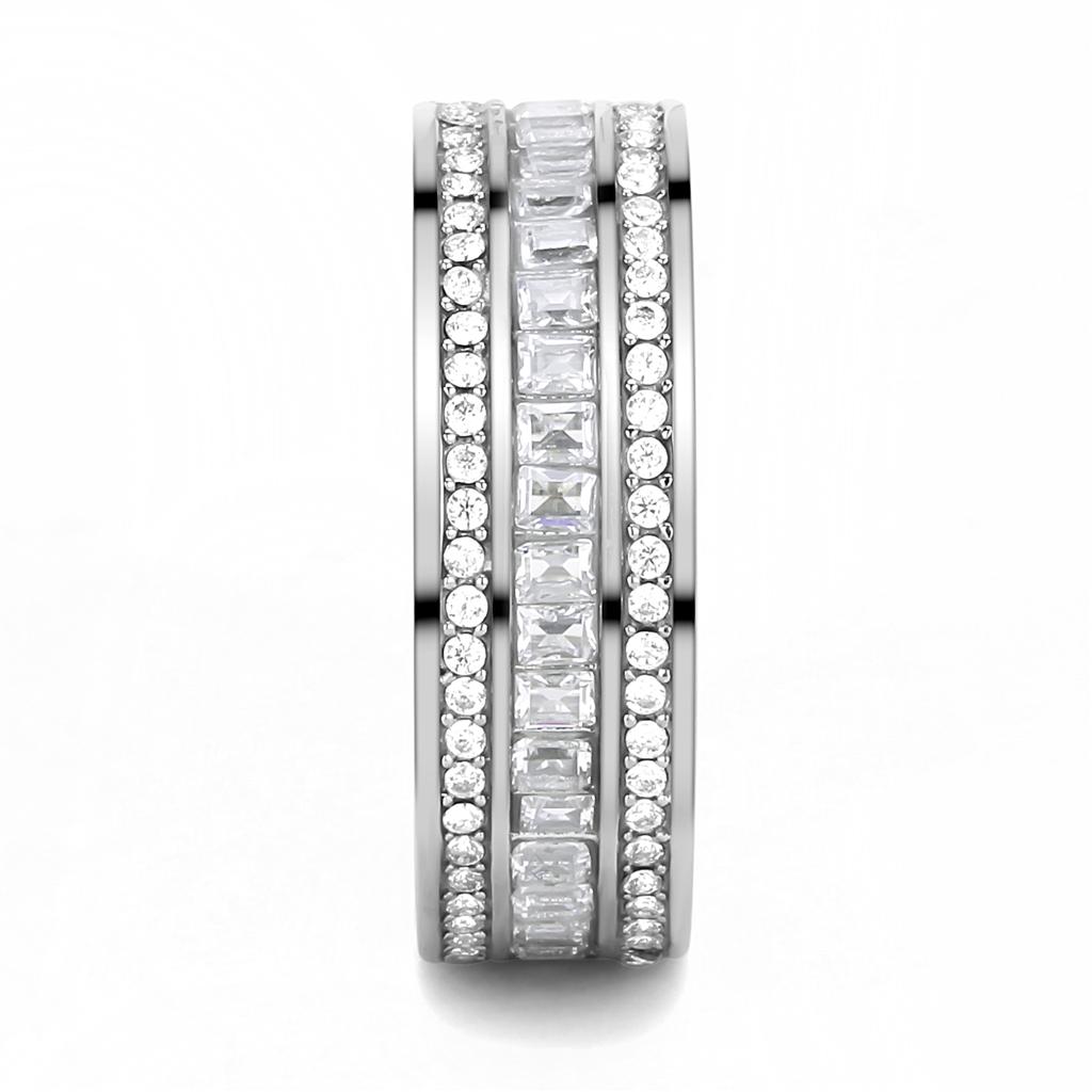 Elegant Women Stainless Steel Ring with Clear Cubic Zirconia, high-polished finish, showcasing its brilliance and design.