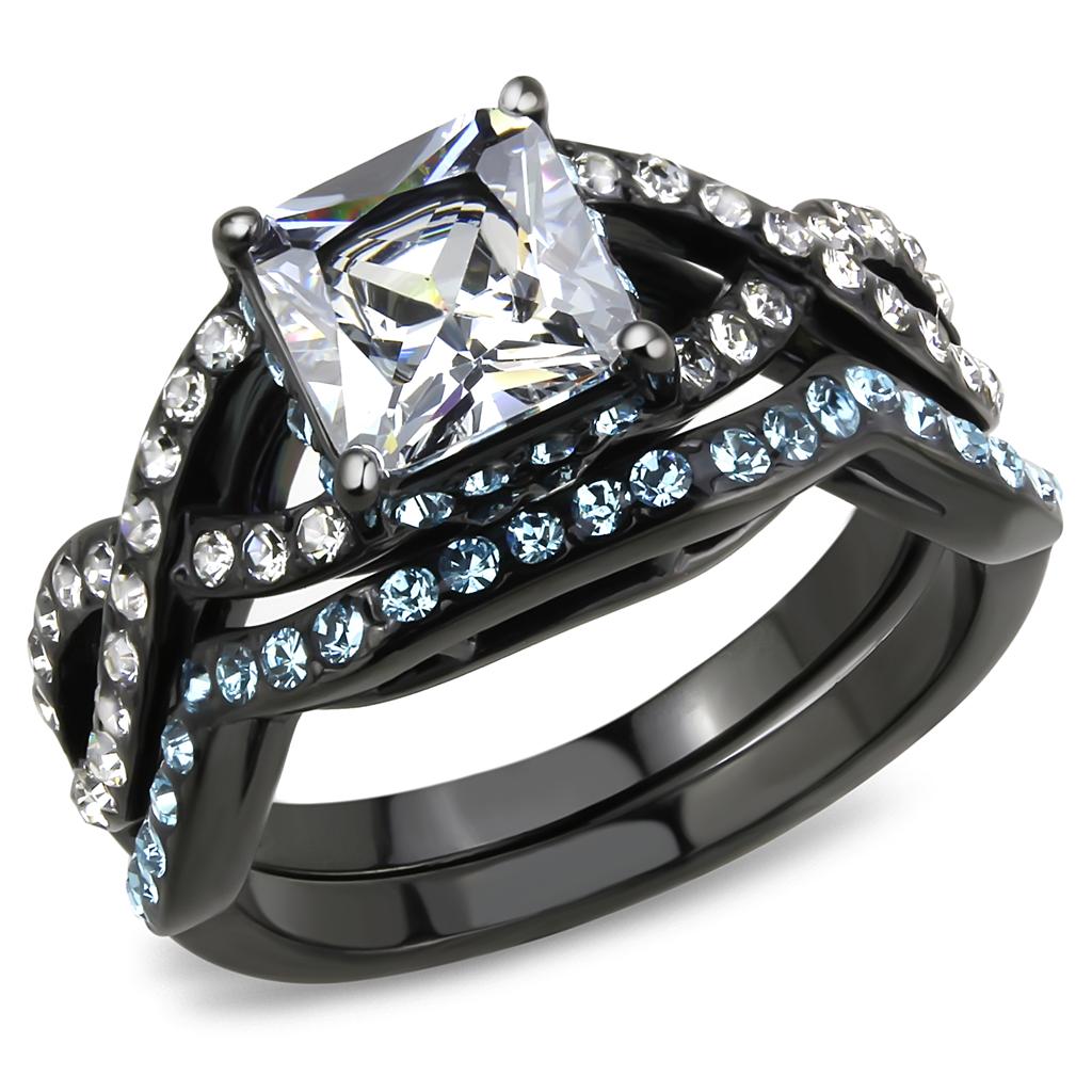 Elegant Women Stainless Steel Ring with Cubic Zirconia, featuring a sleek IP Black finish and a unique square design.