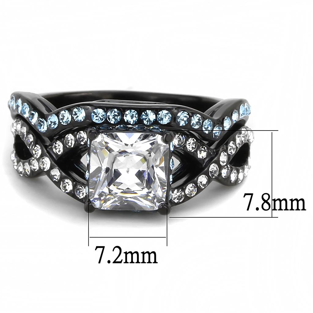 Elegant Women Stainless Steel Ring with Cubic Zirconia, featuring a sleek IP Black finish and a unique square design.