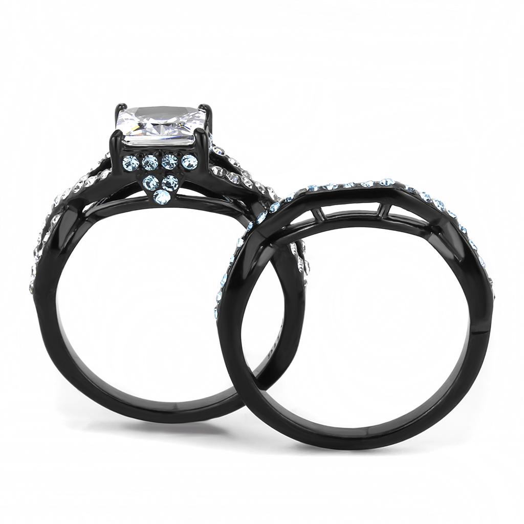 Elegant Women Stainless Steel Ring with Cubic Zirconia, featuring a sleek IP Black finish and a unique square design.