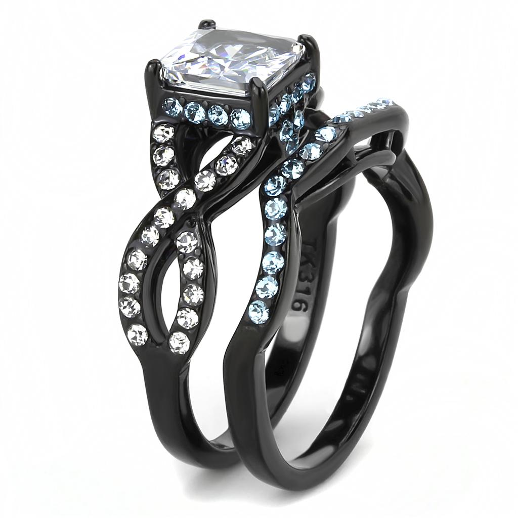 Elegant Women Stainless Steel Ring with Cubic Zirconia, featuring a sleek IP Black finish and a unique square design.