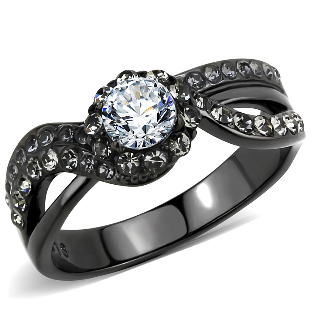 Women Stainless Steel Cubic Zirconia Ring with light black finish and clear round stones, showcasing elegance and style.