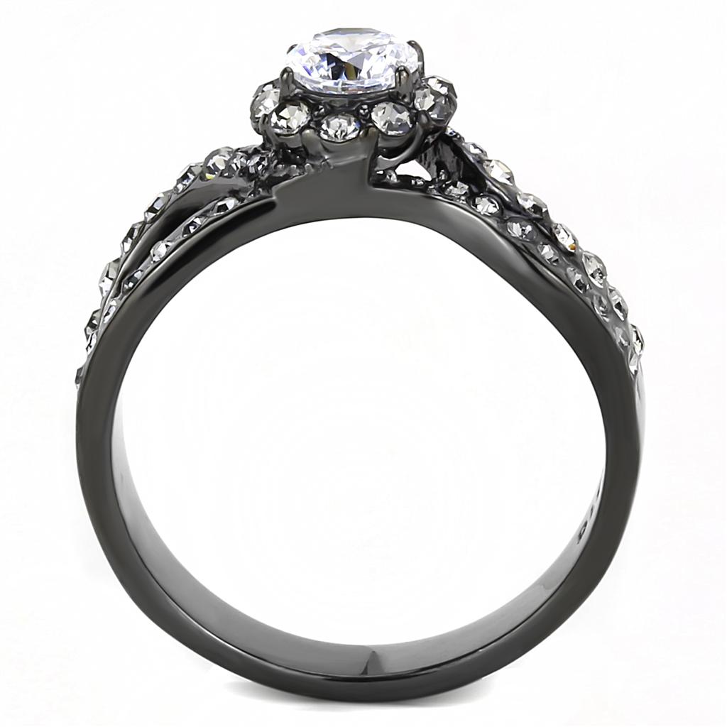 Women Stainless Steel Cubic Zirconia Ring with light black finish and clear round stones, showcasing elegance and style.