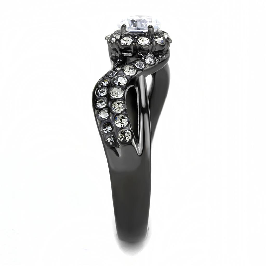 Women Stainless Steel Cubic Zirconia Ring with light black finish and clear round stones, showcasing elegance and style.