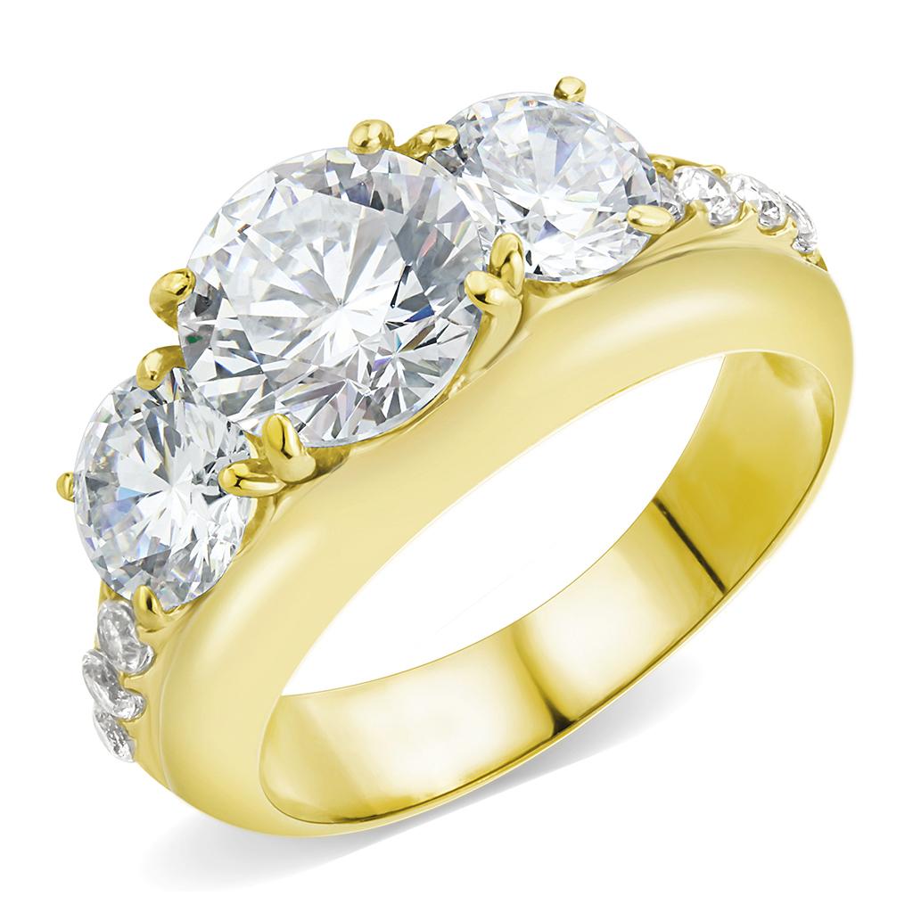 Elegant Women Stainless Steel Ring with Cubic Zirconia, featuring IP Gold plating and a round clear stone.