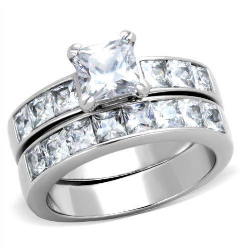 Elegant Women Stainless Steel Ring with Clear Cubic Zirconia Stones, high-polished finish, showcasing its stunning design.