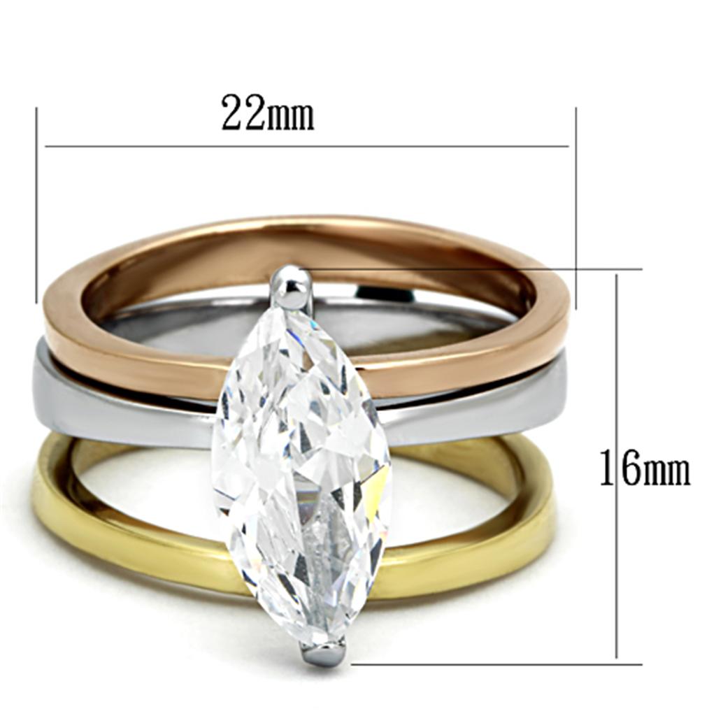 Elegant Women Stainless Steel Cubic Zirconia Ring with three-tone design in IP Gold, IP Rose Gold, and high-polished finish.