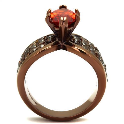 A stylish women's stainless steel ring featuring orange cubic zirconia stones with an IP coffee light finish.