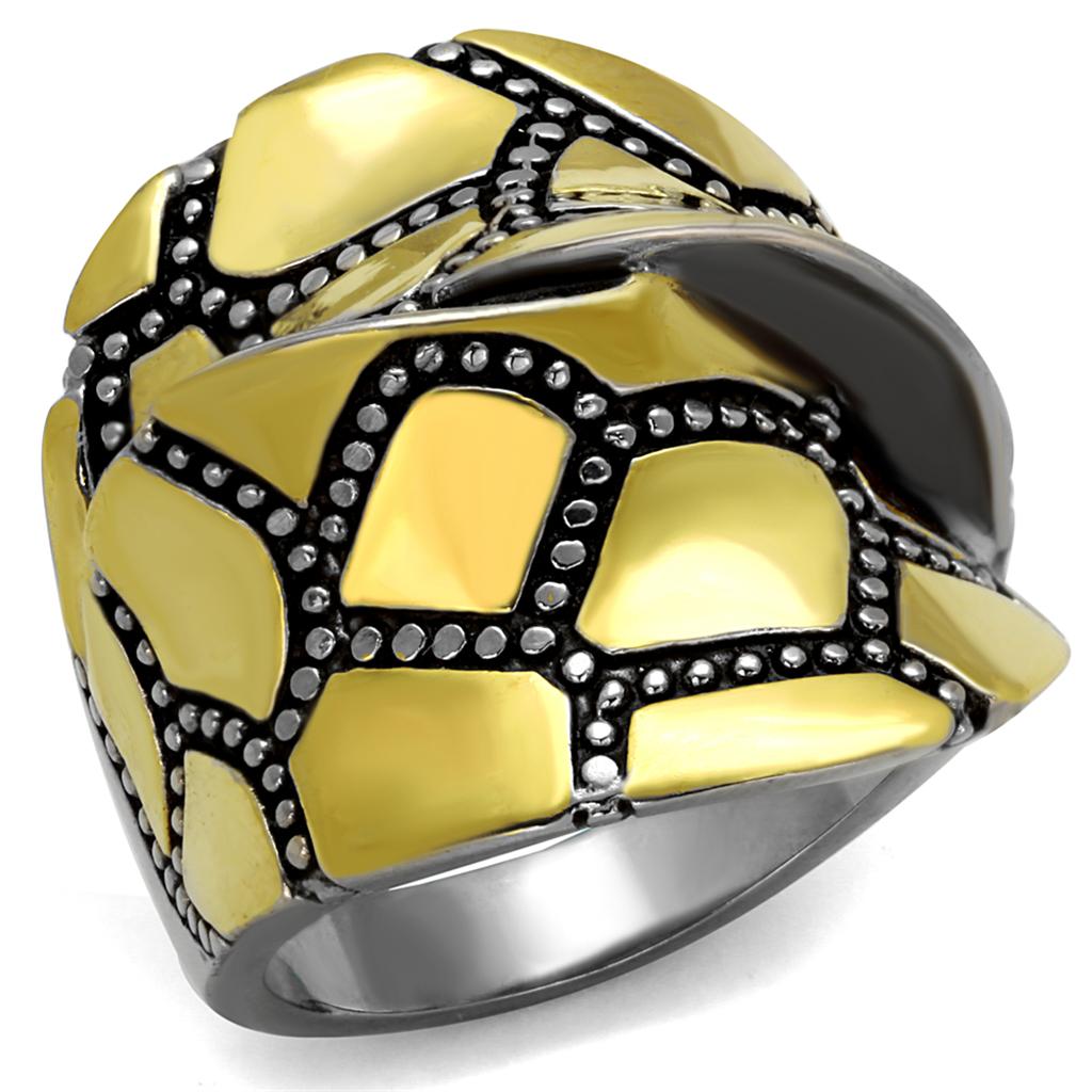 Women Stainless Steel Epoxy Ring TK2368 featuring a two-tone IP gold finish and jet epoxy detailing.