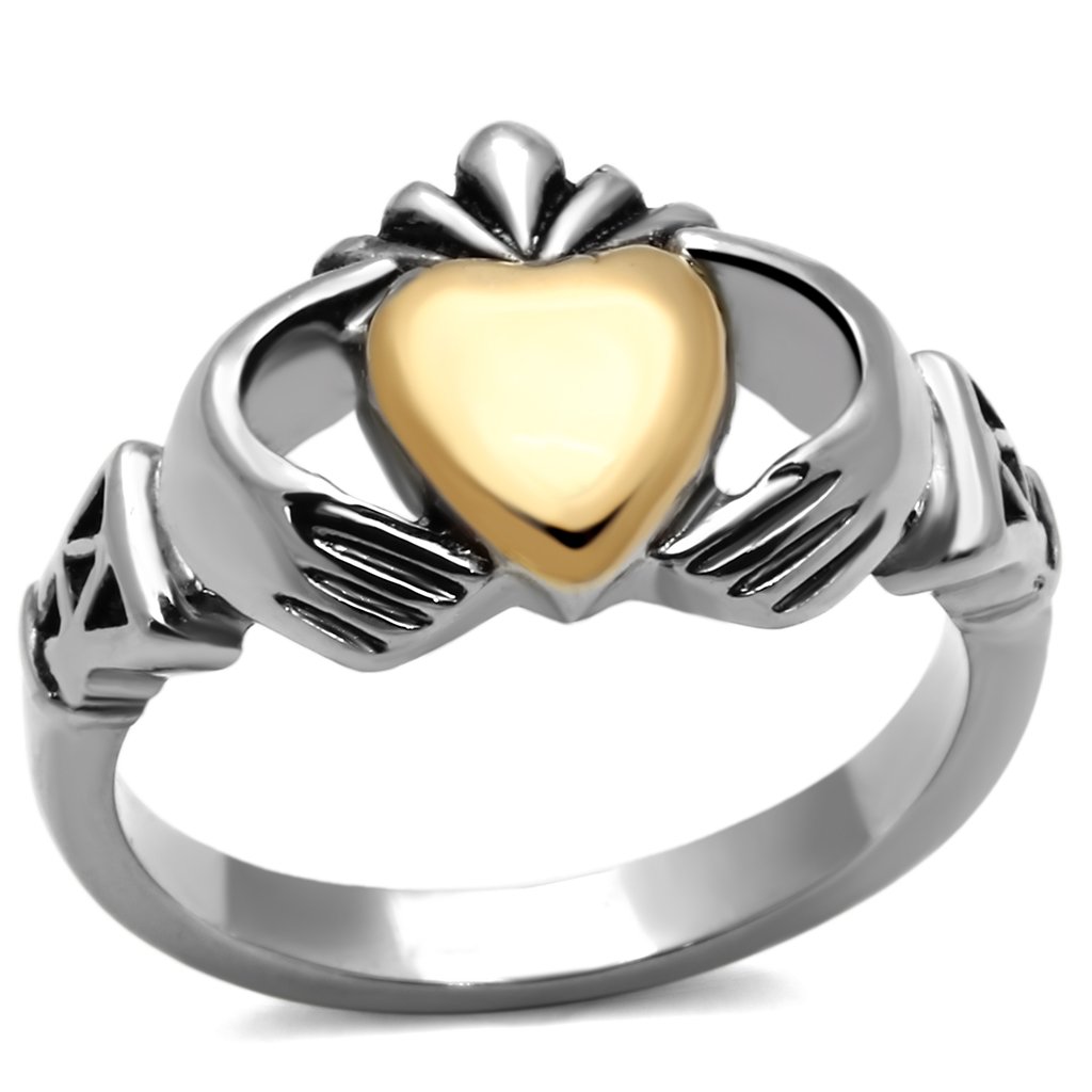 Elegant women’s stainless steel ring with two-tone IP gold finish, featuring a minimalist design without stones.