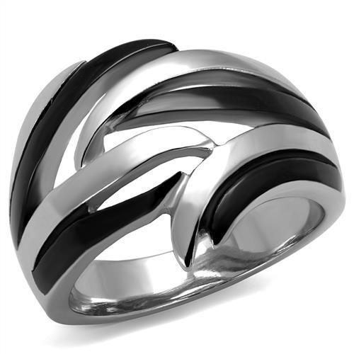 Women Stainless Steel No Stone Ring with two-tone black ion plating, showcasing a sleek and modern design.