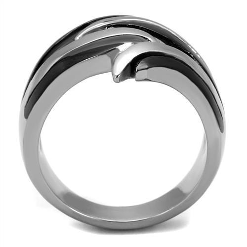 Women Stainless Steel No Stone Ring with two-tone black ion plating, showcasing a sleek and modern design.